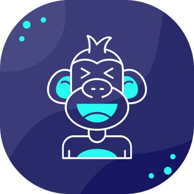 Mavi arka planda izole edilmiş bir gülümseme ikonu olan siyah maymun. Yüz maskeli mutlu bir yüz. Rastgele dinamik şekiller. vektör illüstrasyonu