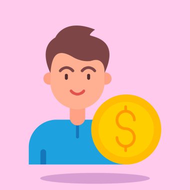 Elinde bozuk para tutan genç bir adam. vektör illüstrasyonu