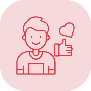 Pembe tişörtlü, kalbi ve başparmağı havada bir adamın vektör çizimi..