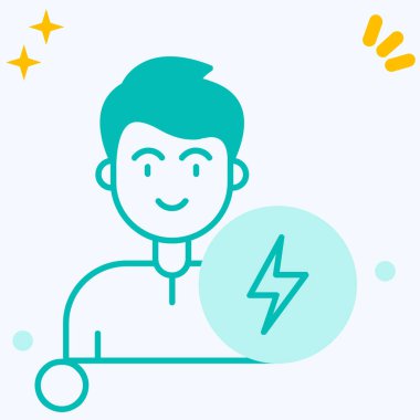 Beyaz zemin üzerinde yıldırım simgesi olan çizgi erkek elektrik ikonu. Renkli taslak konsepti. vektör