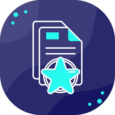 Beyaz arkaplanda izole edilmiş yıldız simgesiyle ana hatları doldurulmuş belge. Favori, en sevilen, en iyi ödül sembolü. Turkuaz daire düğmesi. vektör