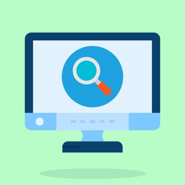 Arama çubuğuyla büyüteç ve dizüstü bilgisayarın yassı tasarımı modern vektör çizimi