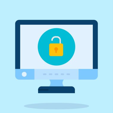 Kilit simgesi, düz vektör illüstrasyonlu bilgisayar ekranı