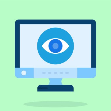 Büyüteçle bilgisayar gözü. Güvenlik kavramı. Gözün çizimi. Düz stil. düz dizayn.