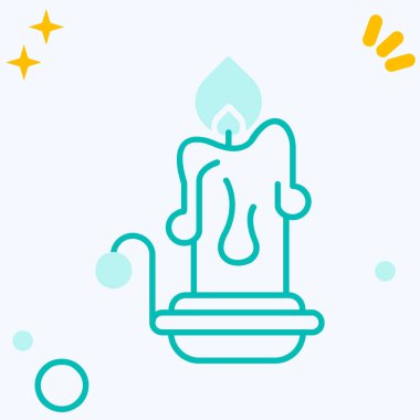 Beyaz arkaplanda yanan mum simgesiyle mum yakmak. Alevli çubuklu cyan rical mum. Renkli özet kavramı.