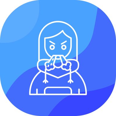 Maskeli ve virüs simgesi olan genç bir kız, mavi arka planda izole edilmiş.