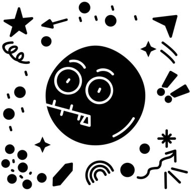 Yıldızlı, gezegenli, güneşli ve aylı uzaylının siyah ve beyaz çizimi