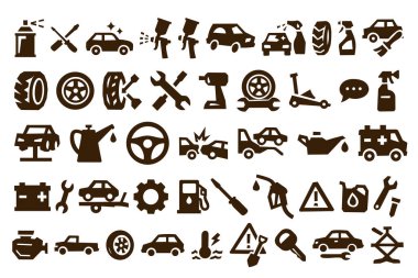 Araç servisi ve otomobil tamir simgeleri tek renkli düz stil, araçlar, araçlar ve bakım sembolleri ile ayarlandı