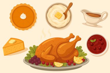 Geleneksel Şükran Günü yemeği kızarmış hindi, patates püresi, sos ve balkabağı turtası.