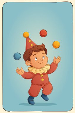 Kırmızı kostümlü neşeli sirk hokkabazı renkli topları klasik çizgi film tarzında fırlatıyor.