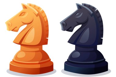 Tahta satranç şövalyesi figürü beyaz ve siyah.