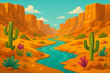 Yüksek turuncu kayalıkları, mavi nehri ve yeşil kaktüsleri olan çöl kanyonu manzarası. Kum taşı dağları, çalıları ve bulutlu berrak gökyüzü olan doğal vadi. Düz çizgi film stili vektör illüstrasyonu, seyahat, macera ve natu için izole edilmiş arkaplan