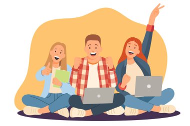 Bir grup mutlu öğrenci online olarak dizüstü bilgisayarlarla çalışıyor, takım çalışmasında ve dijital eğitimde başarıyı kutluyorlar, modern düz vektör illüstrasyonu