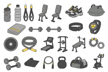 Dambıllı Fitness Çizgi Filmi Seti, Koşu Değirmeni, Spor Ayakkabıları, Benç, Mat, İp ve Spor Malzemeleri