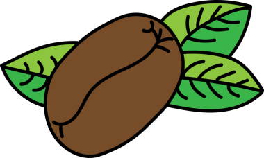 Taze yeşil yapraklı iki kahverengi kahve çekirdekli minimalist grafik çizim, içecek ve bitkilerle ilgili tasarımlar için idealdir..