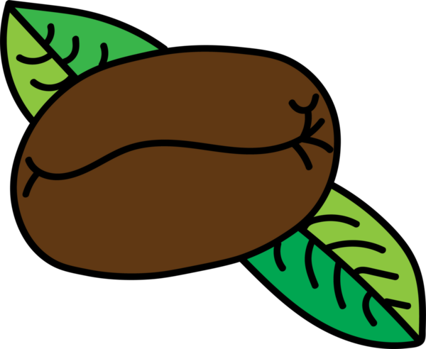 Minimalist grafik illüstrasyonunda taze yeşil yapraklı iki kahverengi kahve çekirdeği