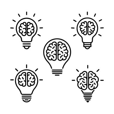 yaratıcı fikir düz çizgi ikonu. Ampul vektör illüstrasyonundaki beyin. Bir Beyin Temsilcisi İcat Eden Ampul Simgeleri