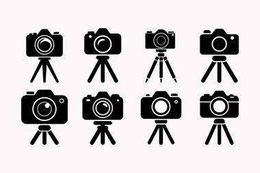  Black and White Camera Icons on Tripods, logos, silhouette vector illustration clipart