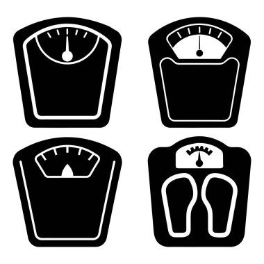 Banyo Ölçeklerinin Farklı Türlerinin Siyah ve Beyaz İllüstrasyonu, Ölçek simgesi vektörü. Ağırlık ölçeği işareti ve simgesi