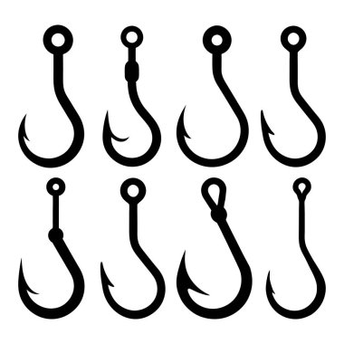 Balık oltası. Balık oltası vektör çizimi seti. Kanca vektör simgeleri. Balık sembolü veya logosu, Çeşitli Biçimlerde Balık Kancaları Koleksiyonu