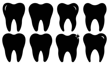 Diş veya sağlıkla ilgili projeler için basit siyah diş simgeleri seti, siyah diş simgesi düz tasarım işareti. Basit bir siluet.