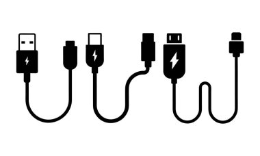 Mobil Aygıtlar, kablo teknolojisi ve aygıt için Modern Şarj Kablolarının Çeşitliliği, Çeşitli USB Şarj Kablolarının Vektör Tanıtımı