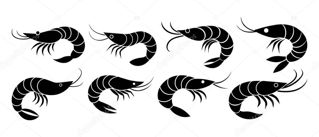 Collection of Black and White Shrimp Silhouettes, Shrimp silhouette. Isolated shrimp on white background
