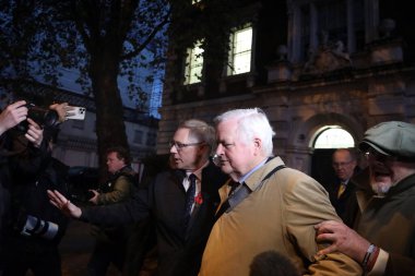 London, UK  November 3 2023. Bob Stewart MP leaves Westminster Magistrates Court, after being found guilty of racially abusing Bahraini Sayed Alwadaei clipart