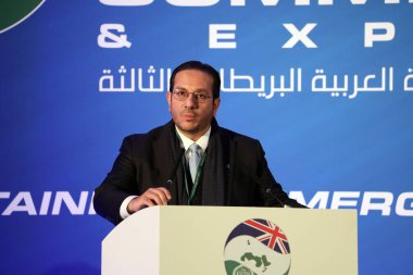 London, UK  November 17, 2023. Bandar Reda, Secretary General and chief executive of the of Arab-British Chamber of Commerce (ABCC), speaking at the Arab-British Economic Summit clipart