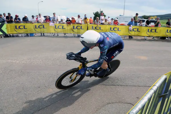 stock image Gevrey-Chambertin, France  July 5 2024. Matteo Jorgenson of Team Visma Lease a Bike rides into Gevrey-Chambertin in the individual time trial on stage 7 of the 2024 Tour de France