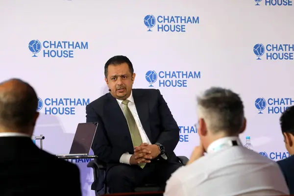 Stock image London, UK  June 29 2023. Maeen Abdulmalik Saeed, Prime Minister of Yemen, speaking at the Chatham House London conference