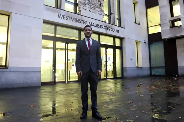 stock image London, UK  November 3 2023. Bahraini human rights activist Sayed Alwadaei outside Westminster Magistrates Court, after Bob Stewart MP was found guilty of racially abusing him