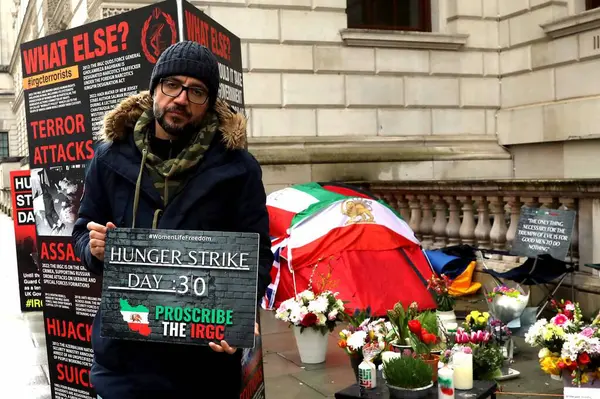 stock image London, UK  March 24 2023. British-Iranian human rights activist Vahid Beheshti on hunger strike outside the Foreign Office in London