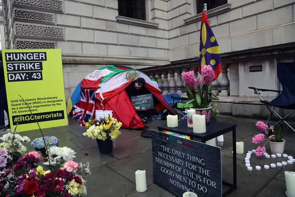 stock image London, UK  April 6 2023. British-Iranian human rights activist Vahid Beheshti on day 43 of a hunger strike outside the Foreign Office