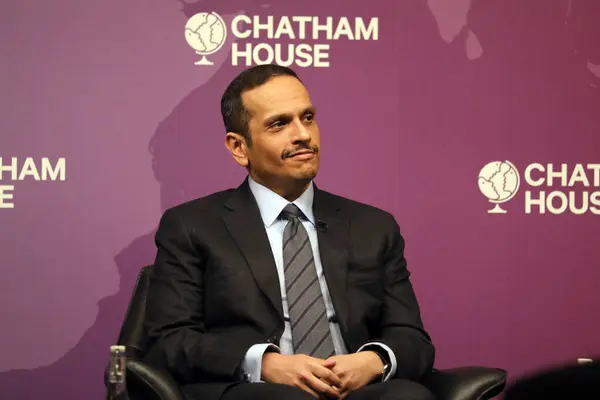 stock image London UK - February 17 2022. Qatar's foreign affairs minister Sheikh Mohammed Bin Abdulrahman Al-Thani speaking at Chatham House