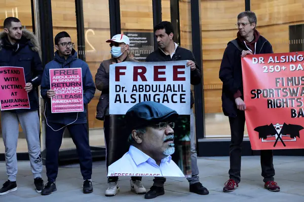 stock image Protesters outside the Formula 1 offices in central London, UK on March 18, 2022, ahead of the Formula 1 grand prix in Bahrain