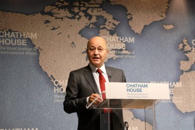 Londra / İngiltere 22 Haziran 2019. Irak Cumhurbaşkanı Barham Salih, Orta Doğu 'da, Chatham House-beyin takımında ülkesindeki rolü hakkında bir konuşma yaptı.