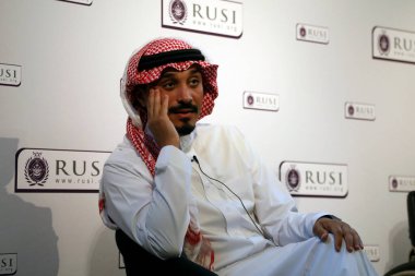 London / UK  October 14, 2019. Prince Khalid Bin Bander al Saud, Saudi Arabia's ambassador to the UK, speaking at the Royal United Services Institute (RUSI) clipart