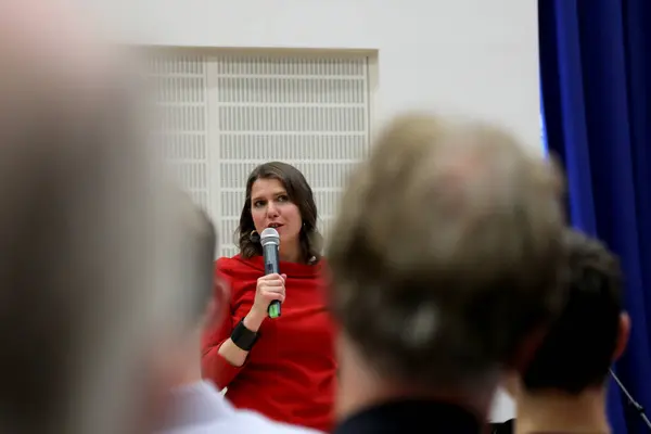 stock image London / UK  May 31, 2019. Jo Swinson, Liberal Democrat MP for East Dunbartonshire, speaking at the partys leadership election hustings at the City of London Academy in Highbury, north London