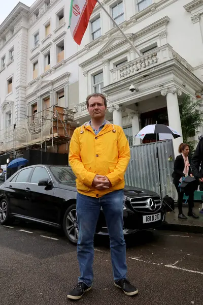 stock image London / UK  June 19, 2019. Richard Ratcliffe outside the Iranian embassy in London where he is staging a hunger strike in support of his wife Nazanin Zaghari-Ratcliffe, jailed in Iran