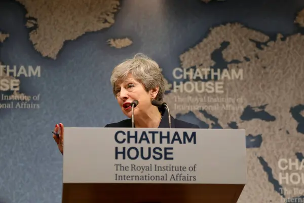 stock image London / UK  July 17, 2019. British Prime Minister Theresa May gives her last major speech before stepping down, at Chatham House in London