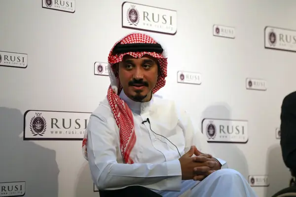 stock image London / UK  October 14, 2019. Prince Khalid Bin Bander al Saud, Saudi Arabia's ambassador to the UK, speaking at the Royal United Services Institute (RUSI)