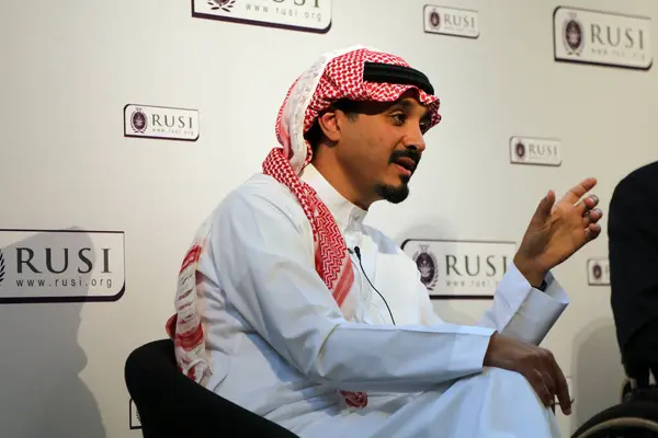 stock image London / UK  October 14, 2019. Prince Khalid Bin Bander al Saud, Saudi Arabia's ambassador to the UK, speaking at the Royal United Services Institute (RUSI)