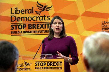 London / UK  November 28, 2019. Liberal Democrats leader Jo Swinson attacks Boris Johnson as unfit to be prime minister, during a speech in the UK general election campaign clipart