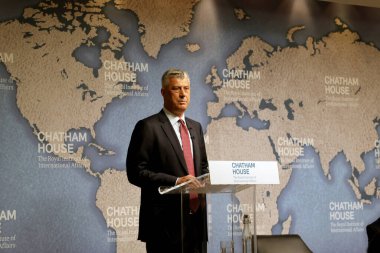 London / UK  April 5, 2019. President of Kosovo Hashim Thai gives a speak on relations between his country and Serbia, at Chatham House in London clipart