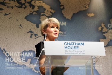 London / UK - July 18 2018. Julie Bishop, Australian minister for foreign affairs, speaking at the Chatham House think-tank in central London. clipart