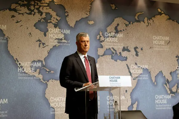 stock image London / UK  April 5, 2019. President of Kosovo Hashim Thai gives a speak on relations between his country and Serbia, at Chatham House in London