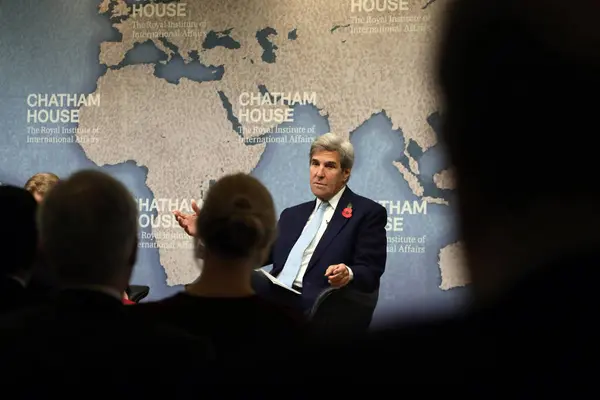 stock image John Kerry, former US secretary of state, speaking about the Iranian nuclear deal at the Chatham House think-tank in London on 6 November, 2017. 