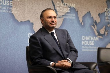 Anwar bin Mohammed Gargash, UAE minister of state for foreign affairs, speaking about the Qatar crisis at the Chatham House think-tank in London on 17 July 2017. clipart