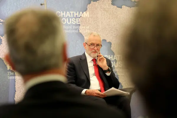 stock image Jeremy Corbyn, leader of the Labour Party, prepares to give a speech on his partys foreign and defence policy at the Chatham House think-tank, during the 2017 UK general election campaign